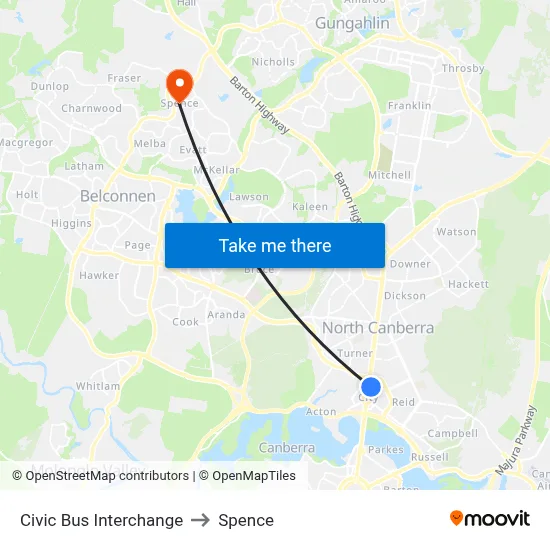 Civic Bus Interchange to Spence map