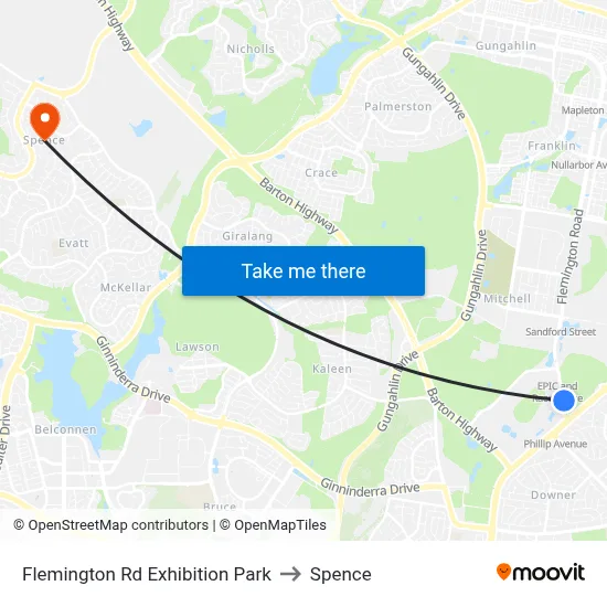 Flemington Rd Exhibition Park to Spence map