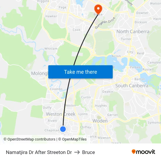Namatjira Dr After Streeton Dr to Bruce map