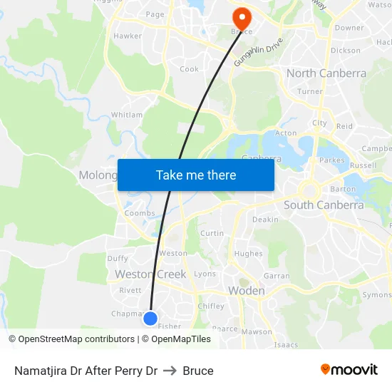 Namatjira Dr After Perry Dr to Bruce map