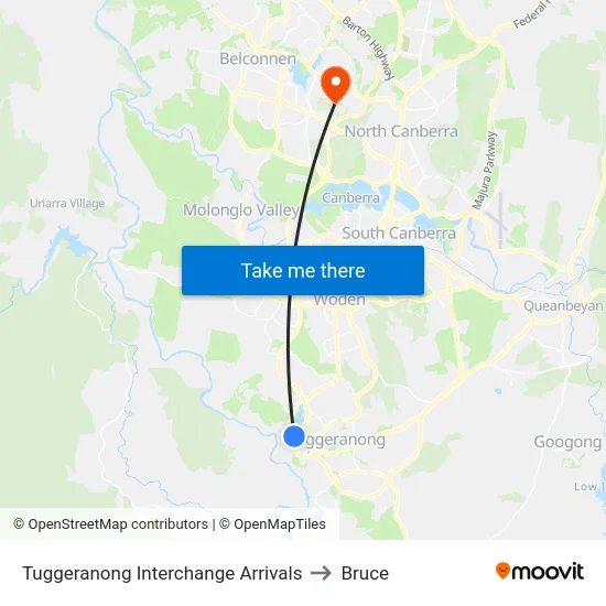 Tuggeranong Interchange Arrivals to Bruce map