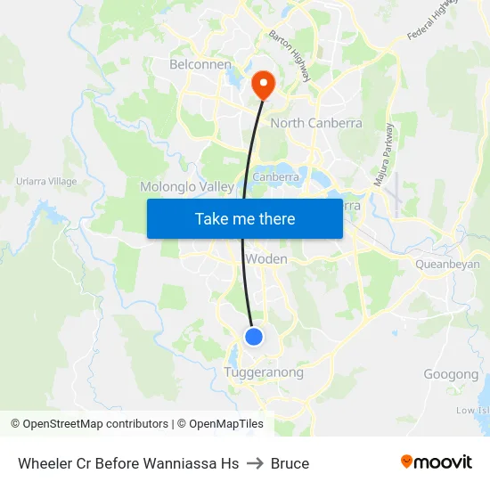 Wheeler Cr Before Wanniassa Hs to Bruce map