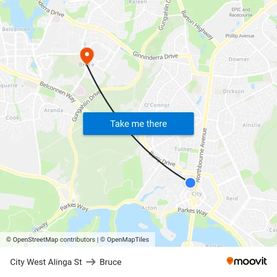 City West Alinga St to Bruce map