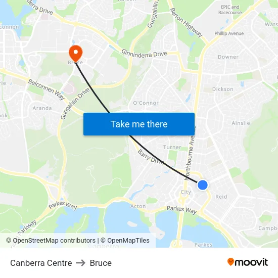 Canberra Centre to Bruce map