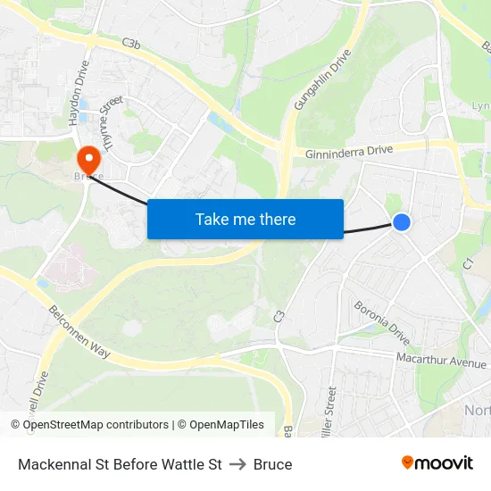 Mackennal St Before Wattle St to Bruce map