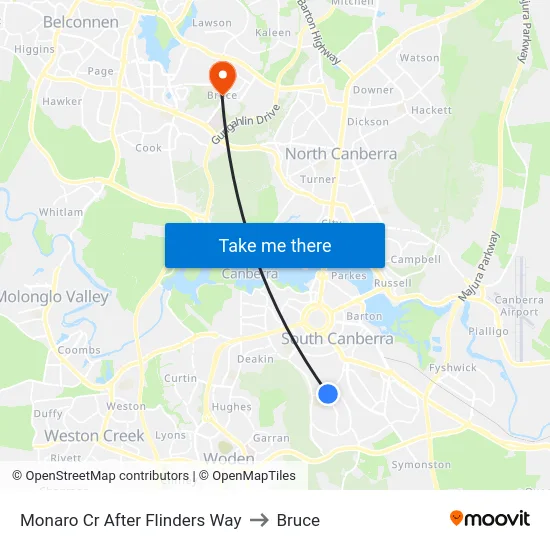 Monaro Cr After Flinders Way to Bruce map