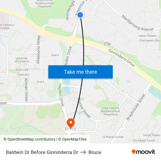 Baldwin Dr Before Ginninderra Dr to Bruce map