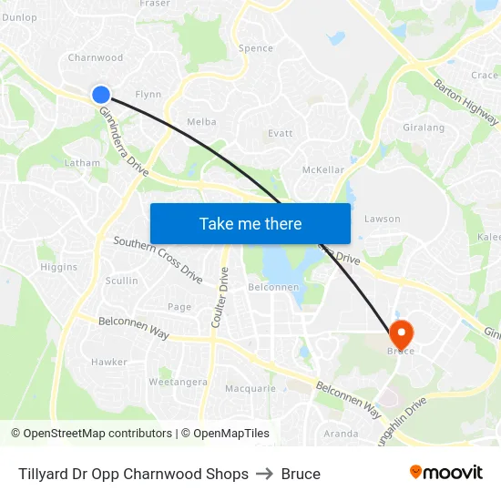 Tillyard Dr Opp Charnwood Shops to Bruce map