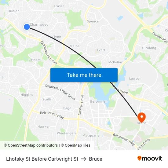 Lhotsky St Before Cartwright St to Bruce map