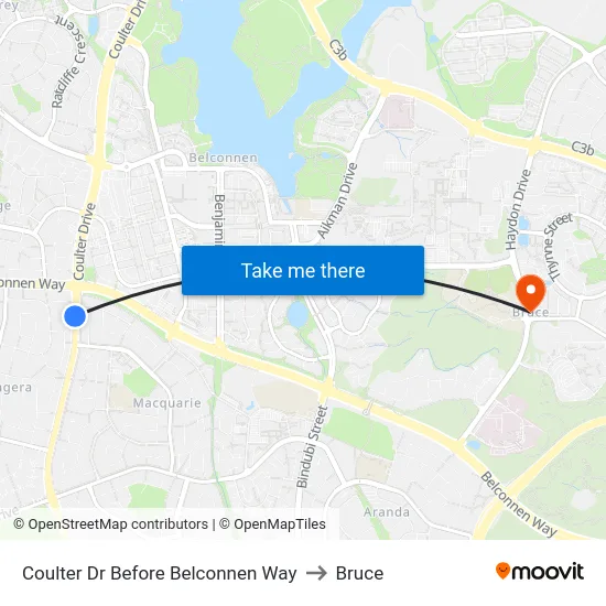 Coulter Dr Before Belconnen Way to Bruce map