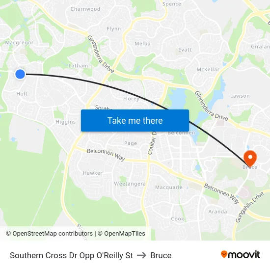Southern Cross Dr Opp O'Reilly St to Bruce map