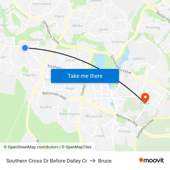 Southern Cross Dr Before Dalley Cr to Bruce map