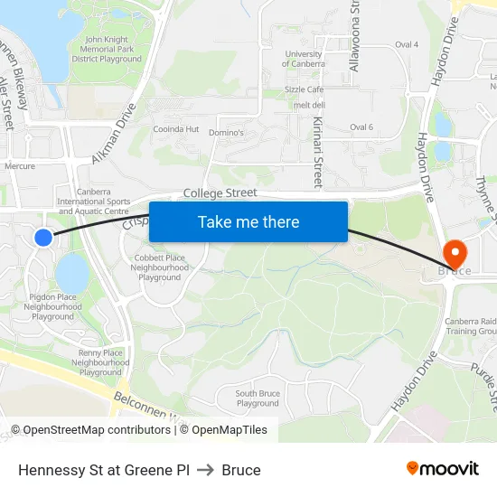Hennessy St at Greene Pl to Bruce map