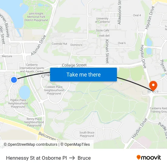Hennessy St at Osborne Pl to Bruce map