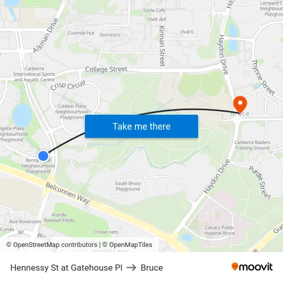 Hennessy St at Gatehouse Pl to Bruce map