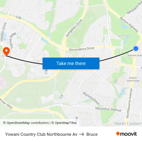 Yowani Country Club Northbourne Av to Bruce map