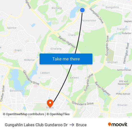 Gungahlin Lakes Club Gundaroo Dr to Bruce map