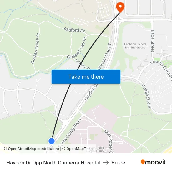 Haydon Dr Opp North Canberra Hospital to Bruce map