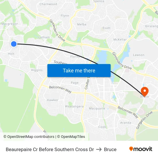 Beaurepaire Cr Before Southern Cross Dr to Bruce map
