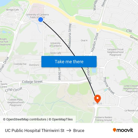 UC Public Hospital Thirriwirri St to Bruce map