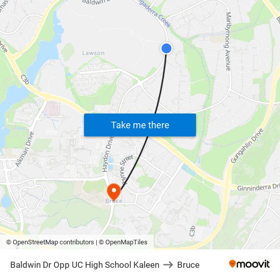 Baldwin Dr Opp UC High School Kaleen to Bruce map