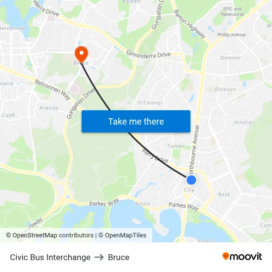 Civic Bus Interchange to Bruce map
