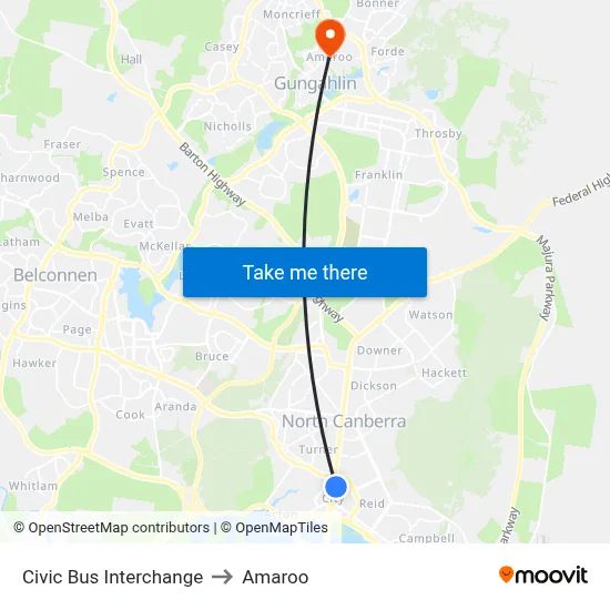 Civic Bus Interchange to Amaroo map
