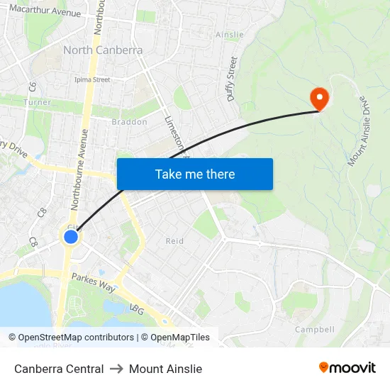 Canberra Central to Mount Ainslie map