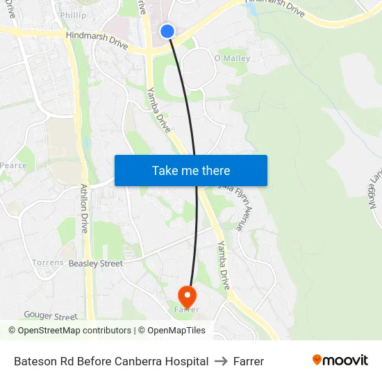 Bateson Rd Before Canberra Hospital to Farrer map