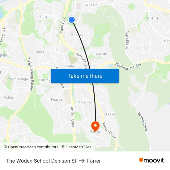 The Woden School Denison St to Farrer map