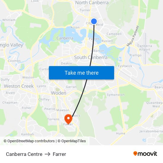 Canberra Centre to Farrer map