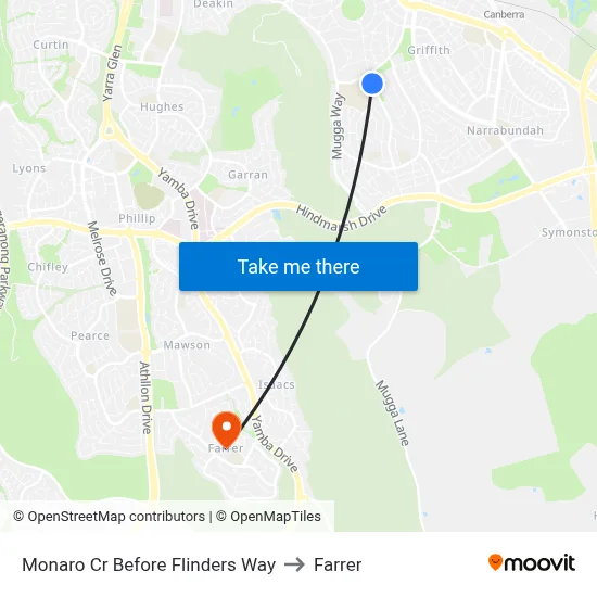 Monaro Cr Before Flinders Way to Farrer map