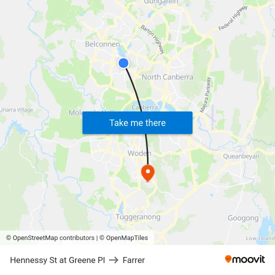 Hennessy St at Greene Pl to Farrer map