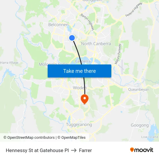 Hennessy St at Gatehouse Pl to Farrer map