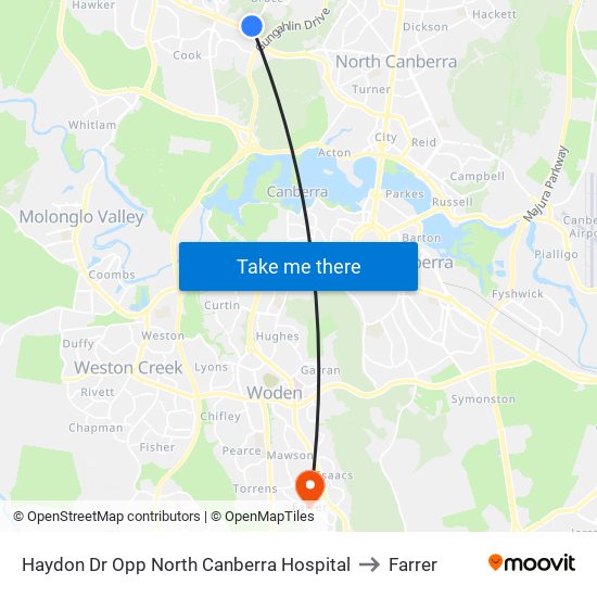 Haydon Dr Opp North Canberra Hospital to Farrer map