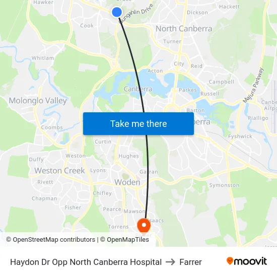 Haydon Dr Opp North Canberra Hospital to Farrer map