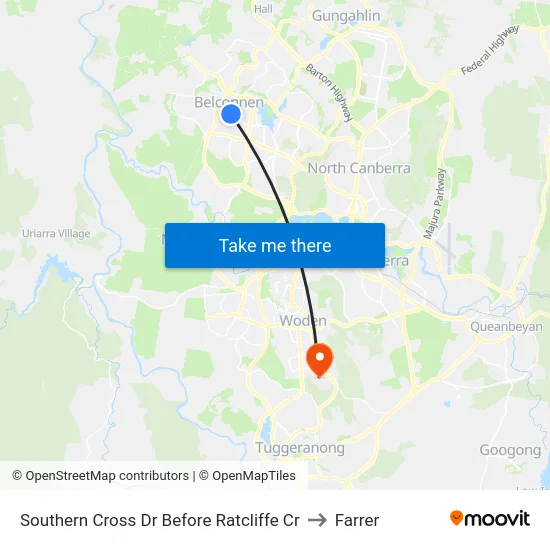 Southern Cross Dr Before Ratcliffe Cr to Farrer map