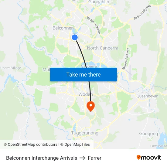 Belconnen Interchange Arrivals to Farrer map