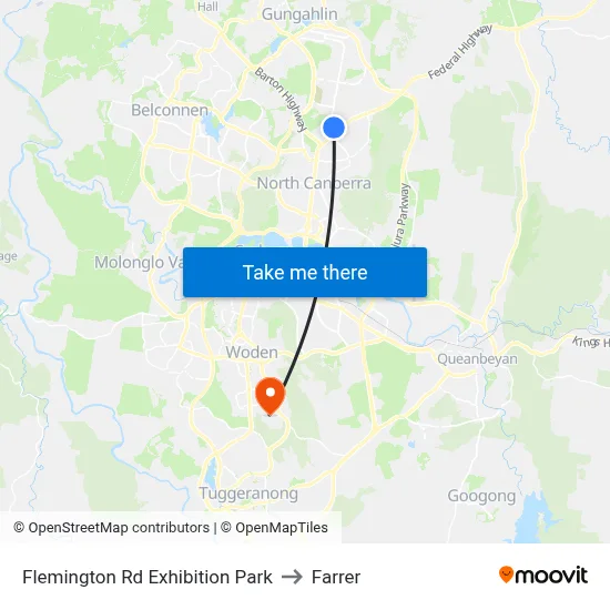 Flemington Rd Exhibition Park to Farrer map