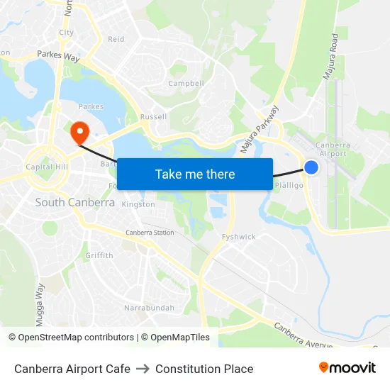 Canberra Airport Cafe to Constitution Place map