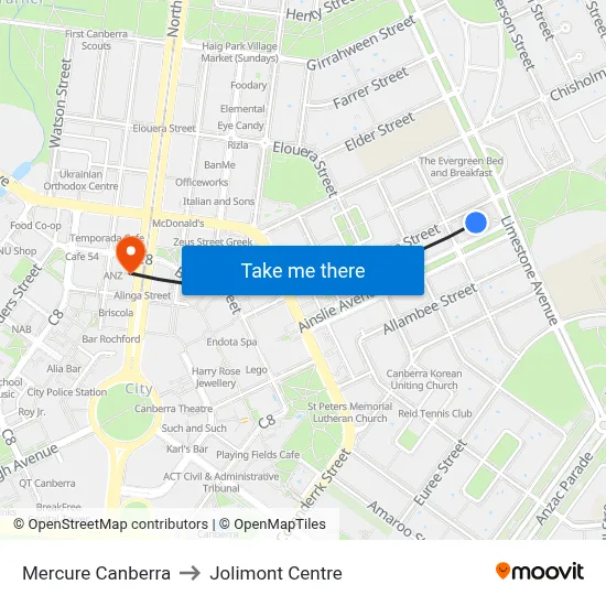 Mercure Canberra to Jolimont Centre map