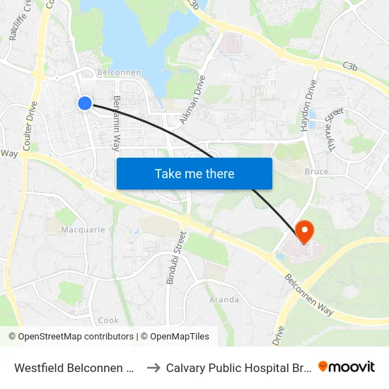 Westfield Belconnen Plt 2 to Calvary Public Hospital Bruce map