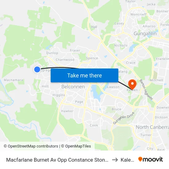 Macfarlane Burnet Av Opp Constance Stone St to Kaleen map