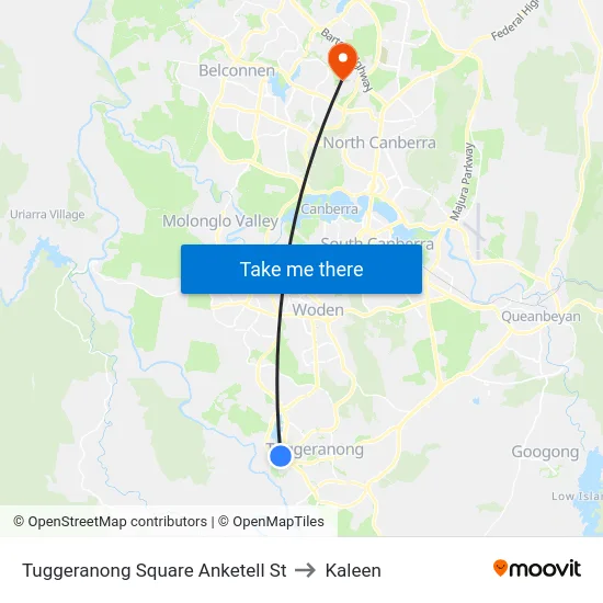 Tuggeranong Square Anketell St to Kaleen map