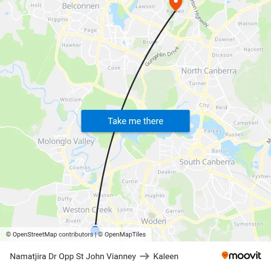 Namatjira Dr Opp St John Vianney to Kaleen map