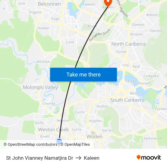 St John Vianney Namatjira Dr to Kaleen map