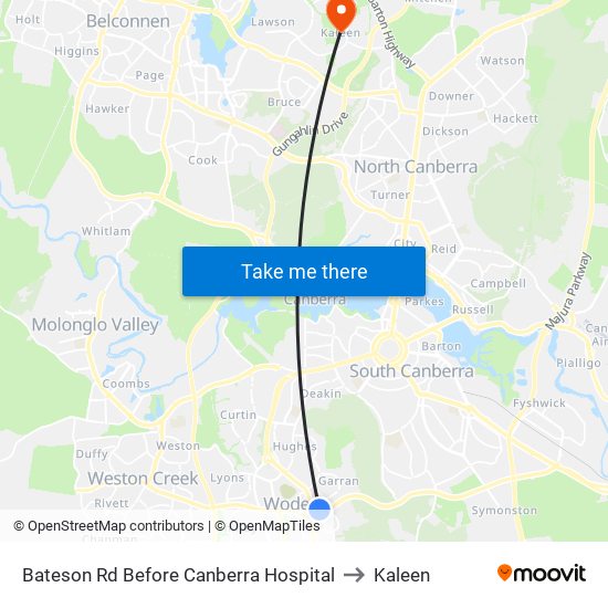 Bateson Rd Before Canberra Hospital to Kaleen map