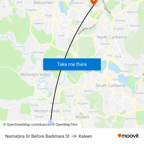 Namatjira Dr Before Badimara St to Kaleen map