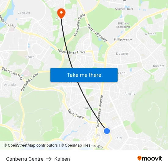 Canberra Centre to Kaleen map