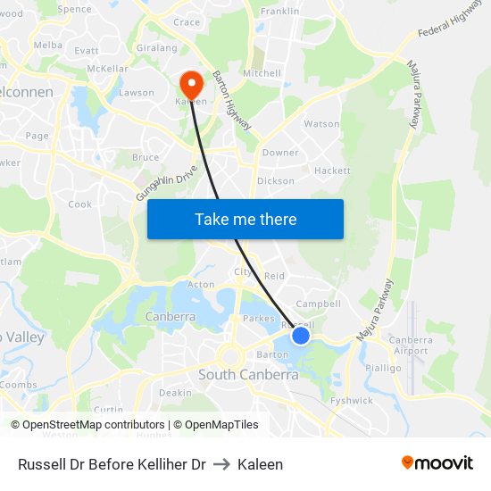 Russell Dr Before Kelliher Dr to Kaleen map